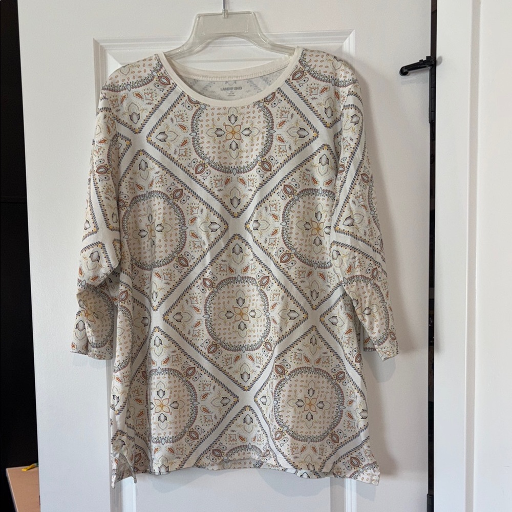 Lands' End Cream Relaxed 3/4 Sleeve 100% cotton top EUC like new